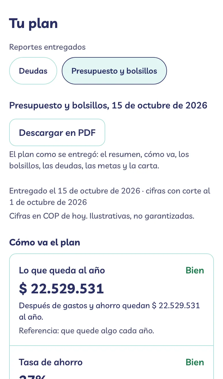 Reporte de presupuesto en un teléfono: los reportes entregados, la descarga en PDF y cómo va el plan.